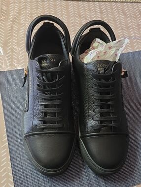 Buscemi Black Leather Low-Top Sneakers with Gold Zip Detail